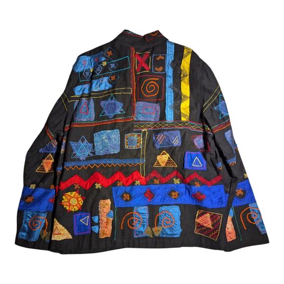 Vtg 1990s Chico's Black Blue Geometric Embroidered Button Up Collared Jacket 2 M - Picture 2 of 4